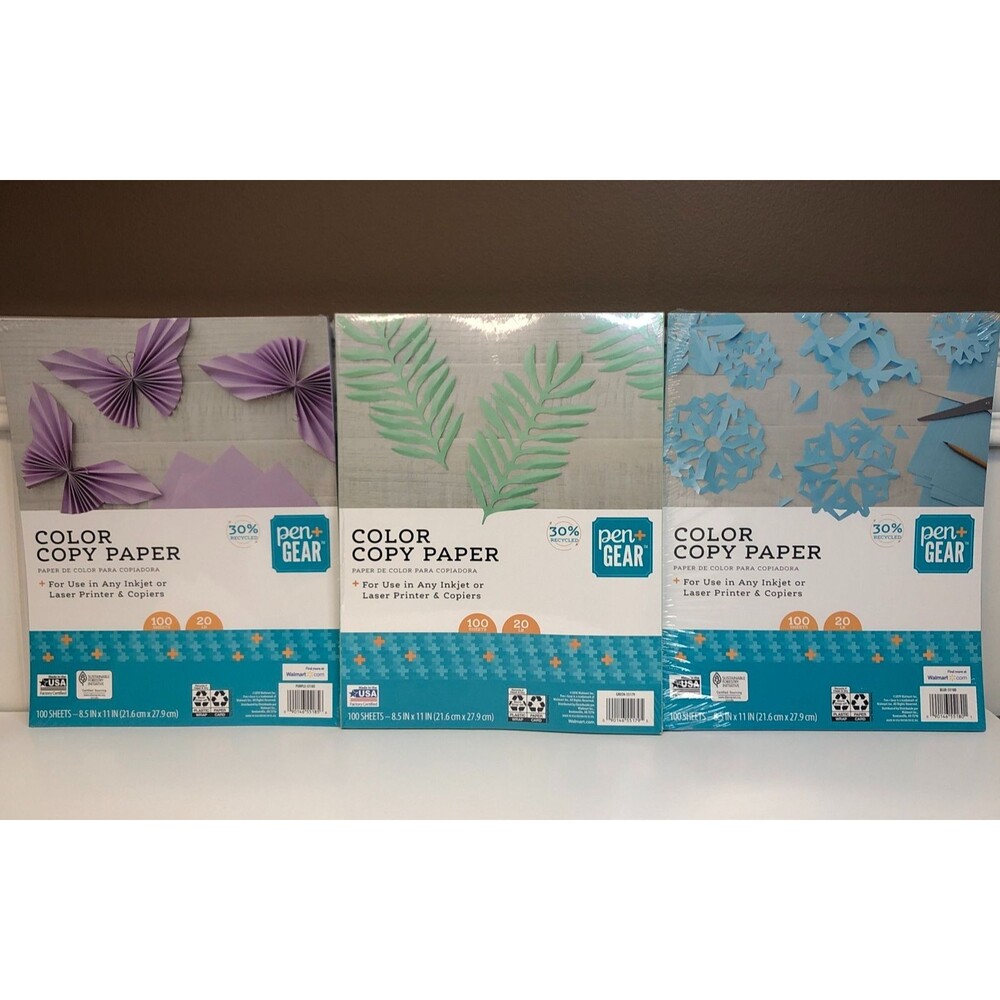 Lot of 3 Colored Copy Paper 30% Recycled 8.5" x 11" Purple Blue Green 100 Sheets